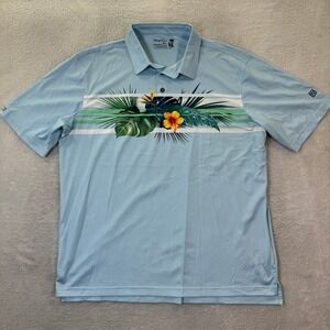 Straight Down Mens XL‎ Blue Tropical Floral Golf Polo Shirt Short Sleeve Casual